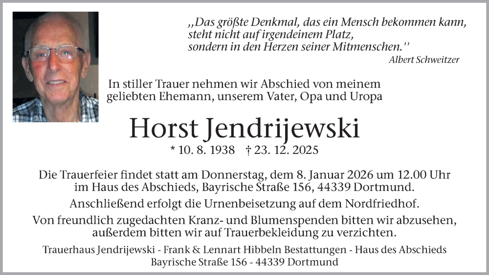 Traueranzeige für Horst Jendrijewski vom 03.01.2026 aus Ruhr Nachrichten