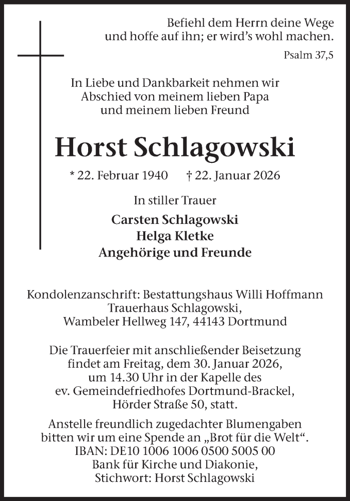  Traueranzeige für Horst Schlagowski vom 27.01.2026 aus Ruhr Nachrichten
