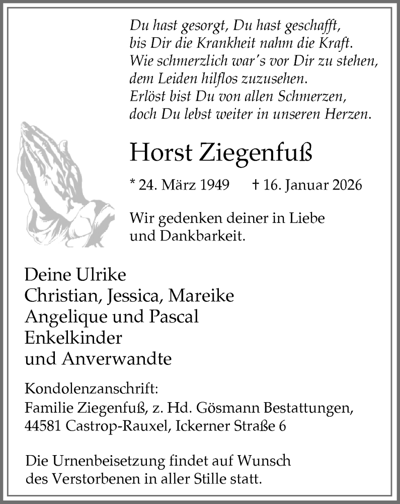  Traueranzeige für Horst Ziegenfuß vom 24.01.2026 aus Stadtanzeiger Castrop-Rauxel