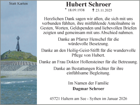 Traueranzeige von Hubert Schroer von Ruhr Nachrichten und Halterner Zeitung