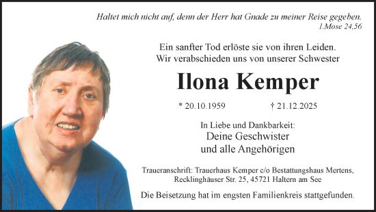 Traueranzeige von Ilona Kemper von Ruhr Nachrichten und Halterner Zeitung