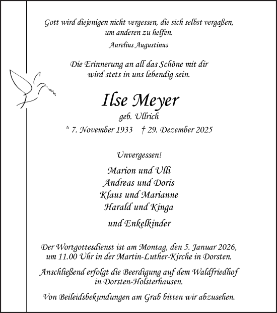 Traueranzeige von Ilse Meyer von Ruhr Nachrichten und Dorstener Zeitung