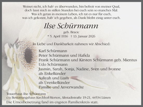 Traueranzeige von Ilse Schürmann von Ruhr Nachrichten