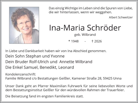 Traueranzeige von Ina-Maria Schröder von Hellweger Anzeiger