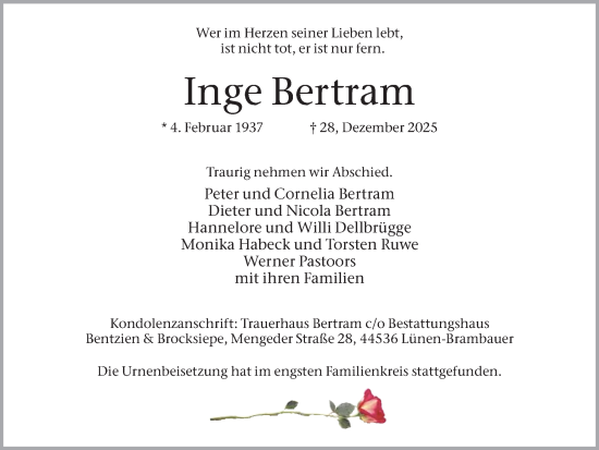 Traueranzeige von Inge Bertram von Lüner Anzeiger