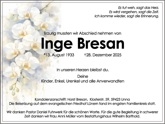 Traueranzeige von Inge Bresan von Hellweger Anzeiger