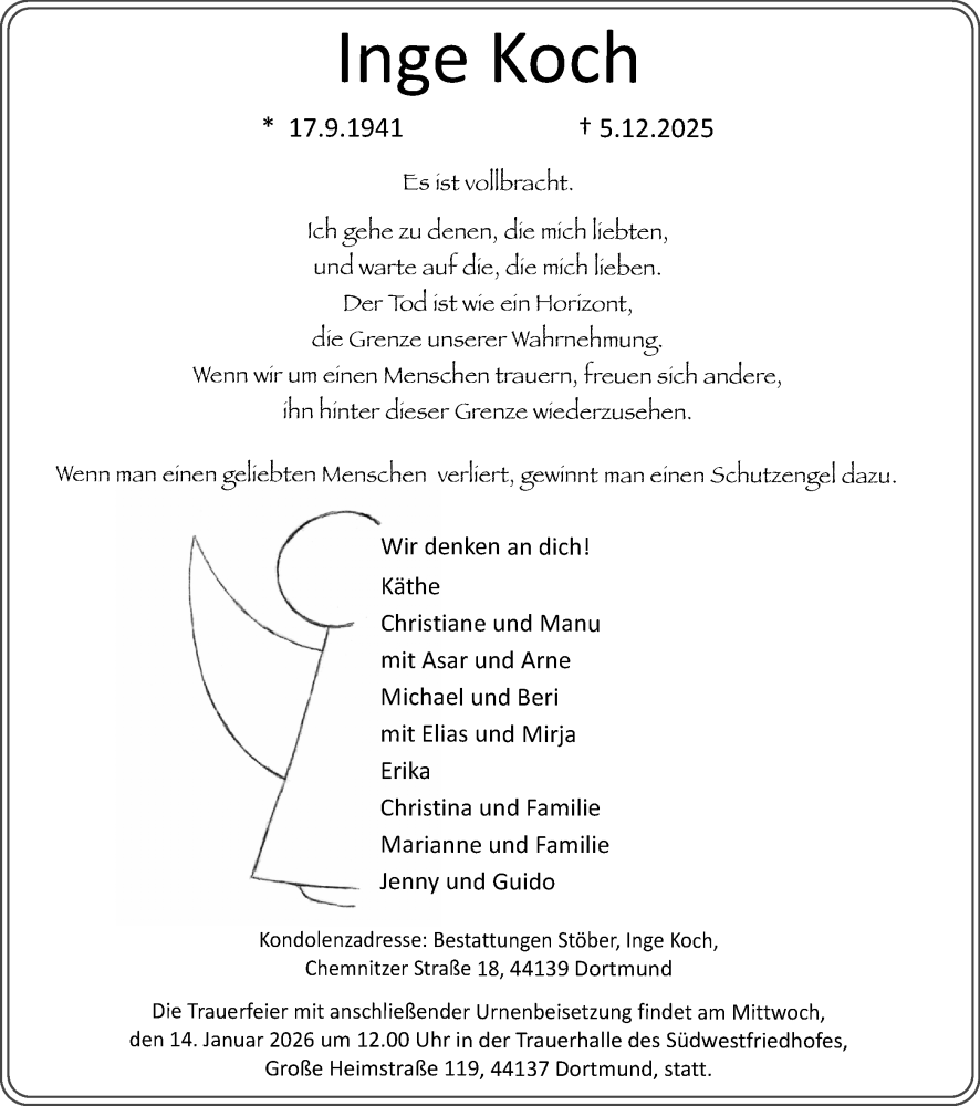  Traueranzeige für Inge Koch vom 03.01.2026 aus Ruhr Nachrichten