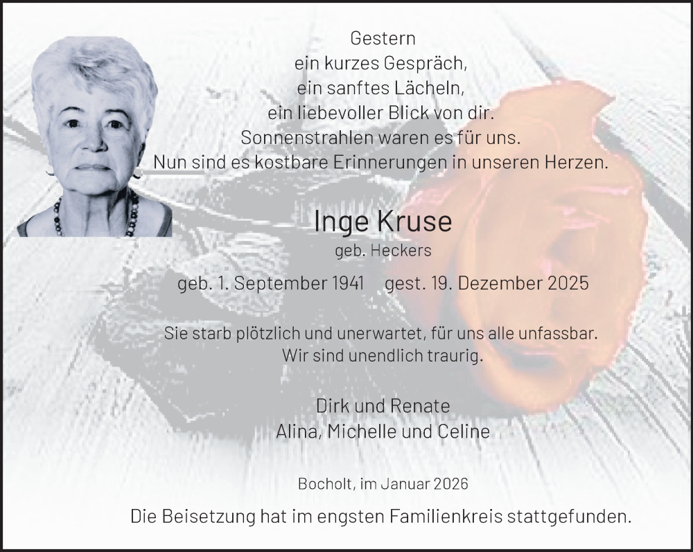 Traueranzeige für Inge Kruse vom 03.01.2026 aus 