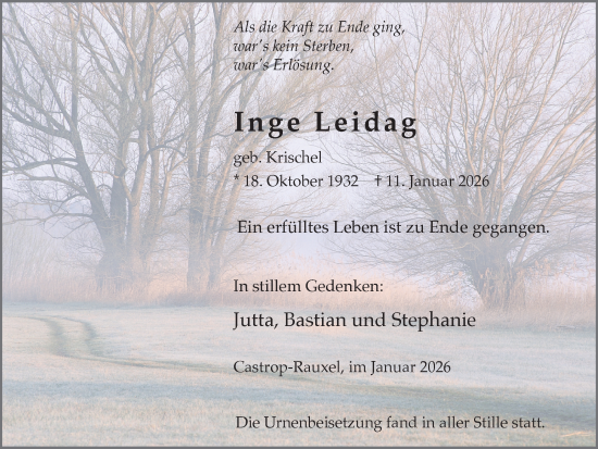 Traueranzeige von Inge Leidag von Stadtanzeiger Castrop-Rauxel