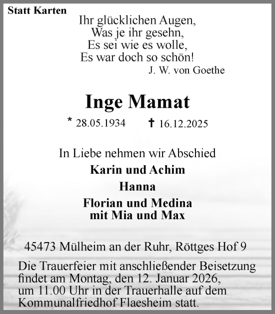 Traueranzeige von Inge Mamat von Ruhr Nachrichten und Halterner Zeitung