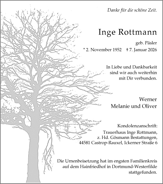 Traueranzeige von Inge Rottmann von Stadtanzeiger Castrop-Rauxel