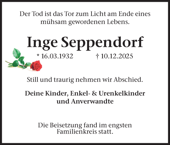Traueranzeige von Inge Seppendorf von Lüner Anzeiger