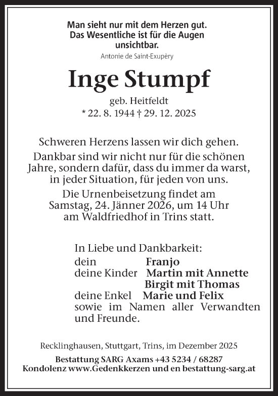 Traueranzeige von Inge Stumpf von Trauer Vest