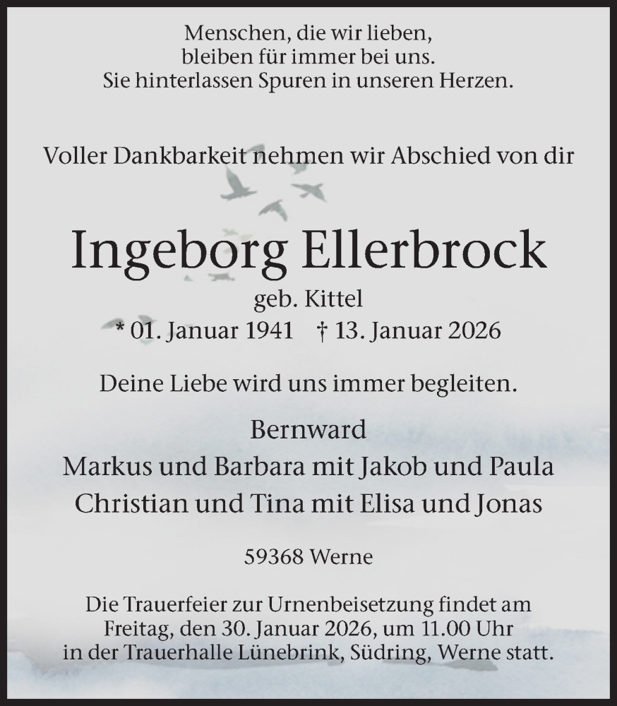  Traueranzeige für Ingeborg Ellerbrock vom 24.01.2026 aus Ruhr Nachrichten