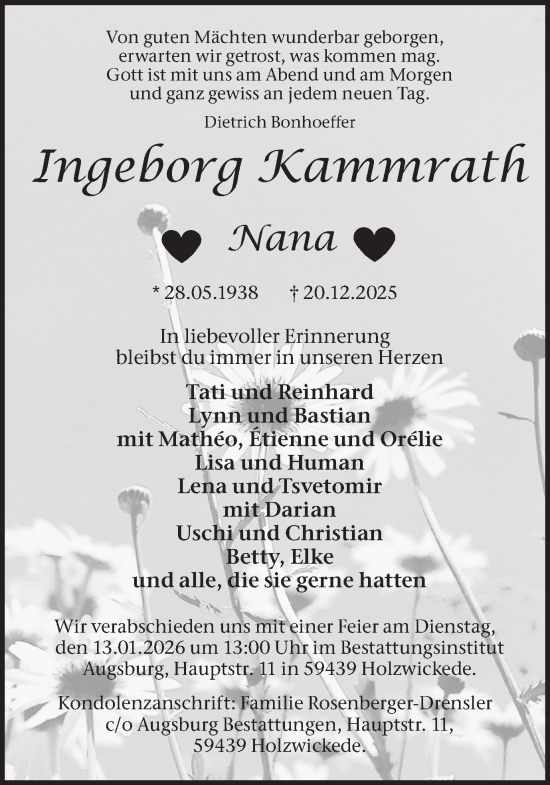 Traueranzeige von Ingeborg Kammrath von Hellweger Anzeiger