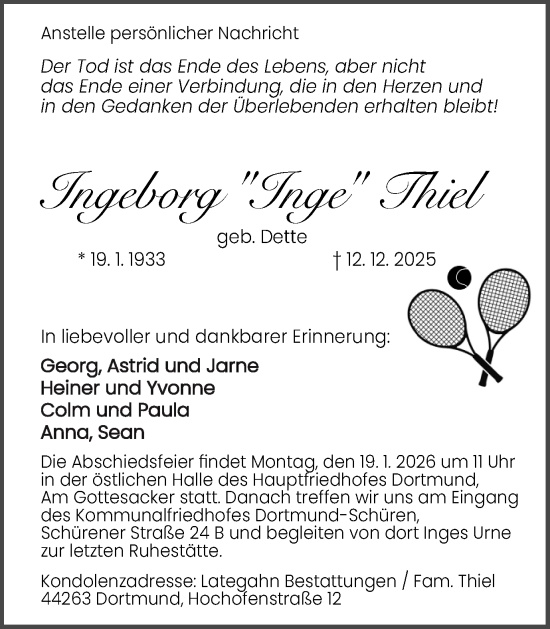 Traueranzeige von Ingeborg Thiel von Ruhr Nachrichten