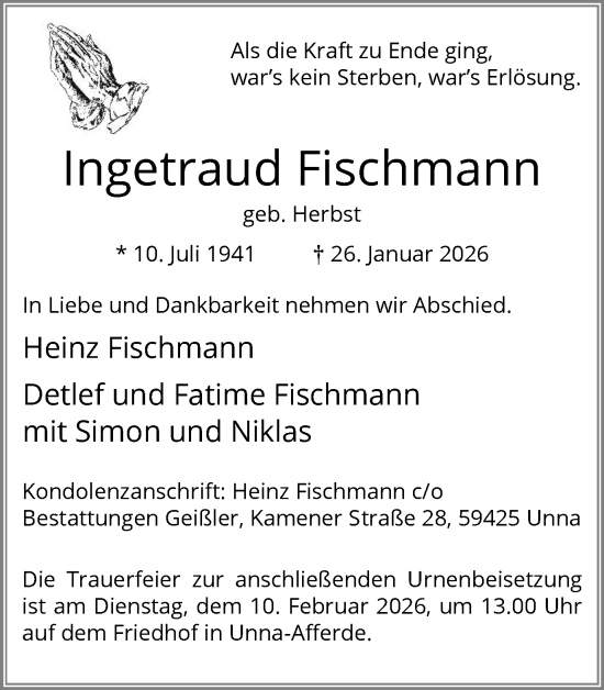 Traueranzeige von Ingetraud Fischmann von Hellweger Anzeiger