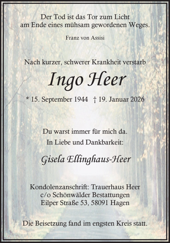 Traueranzeige von Ingo Heer von Ruhr Nachrichten