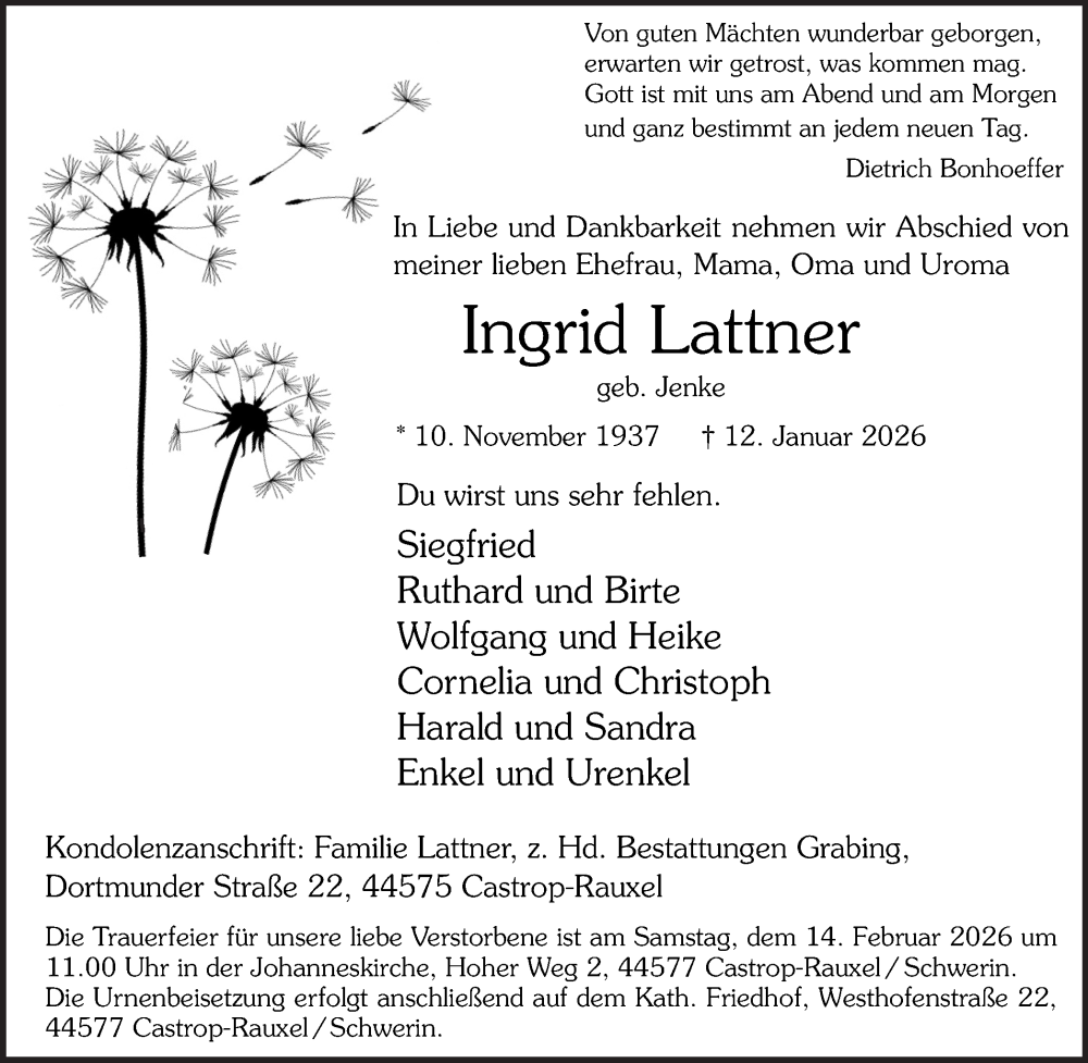  Traueranzeige für Ingrid Lattner vom 31.01.2026 aus Stadtanzeiger Castrop-Rauxel