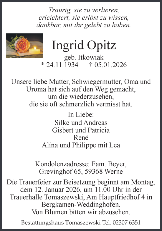 Traueranzeige von Ingrid Opitz von Hellweger Anzeiger
