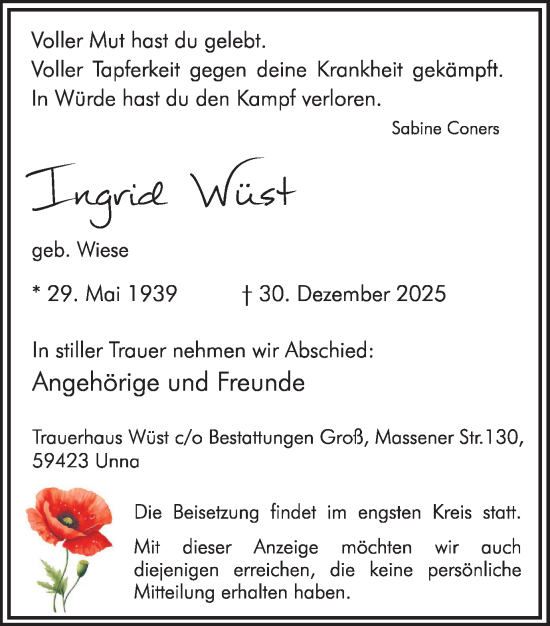 Traueranzeige von Ingrid Wüst von Hellweger Anzeiger