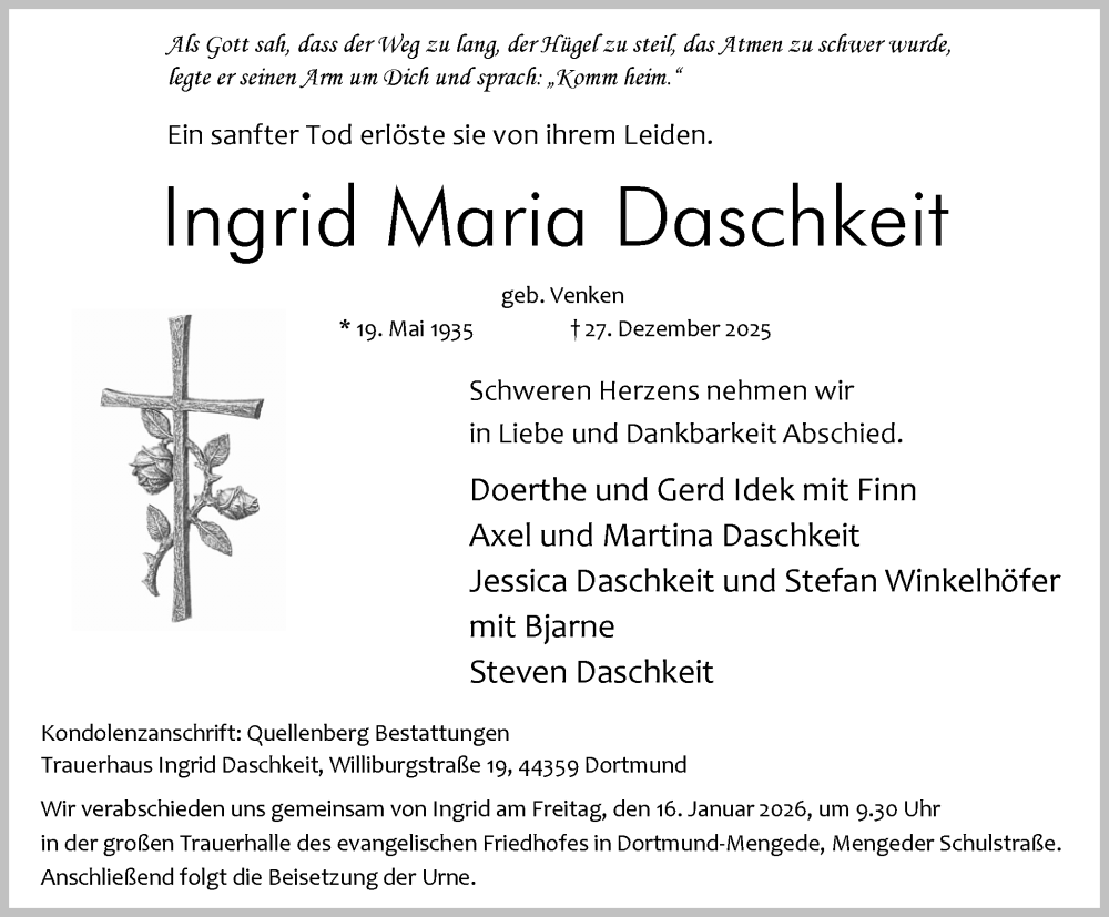  Traueranzeige für Ingrid Maria Daschkeit vom 10.01.2026 aus Stadtanzeiger Castrop-Rauxel