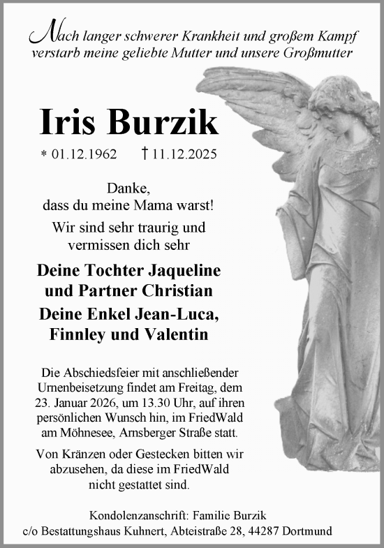 Traueranzeige von Iris Burzik von Ruhr Nachrichten und Dorstener Zeitung