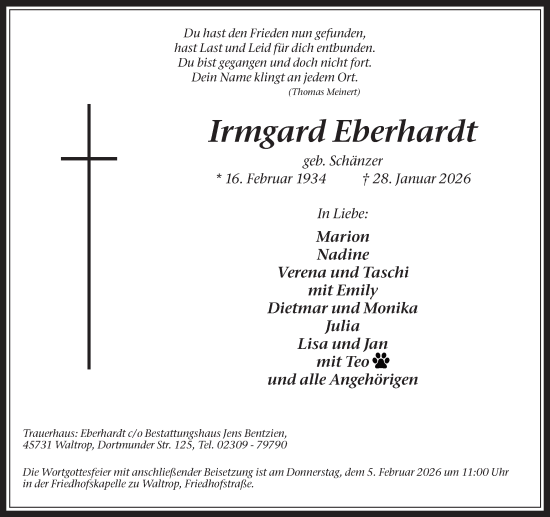 Traueranzeige von Irmgard Eberhardt von Trauer Vest