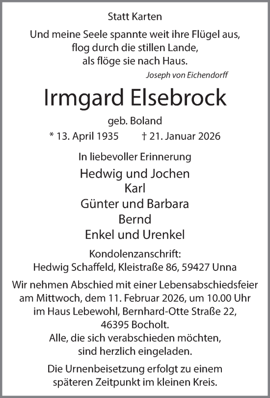 Traueranzeige von Irmgard Elsebrock 