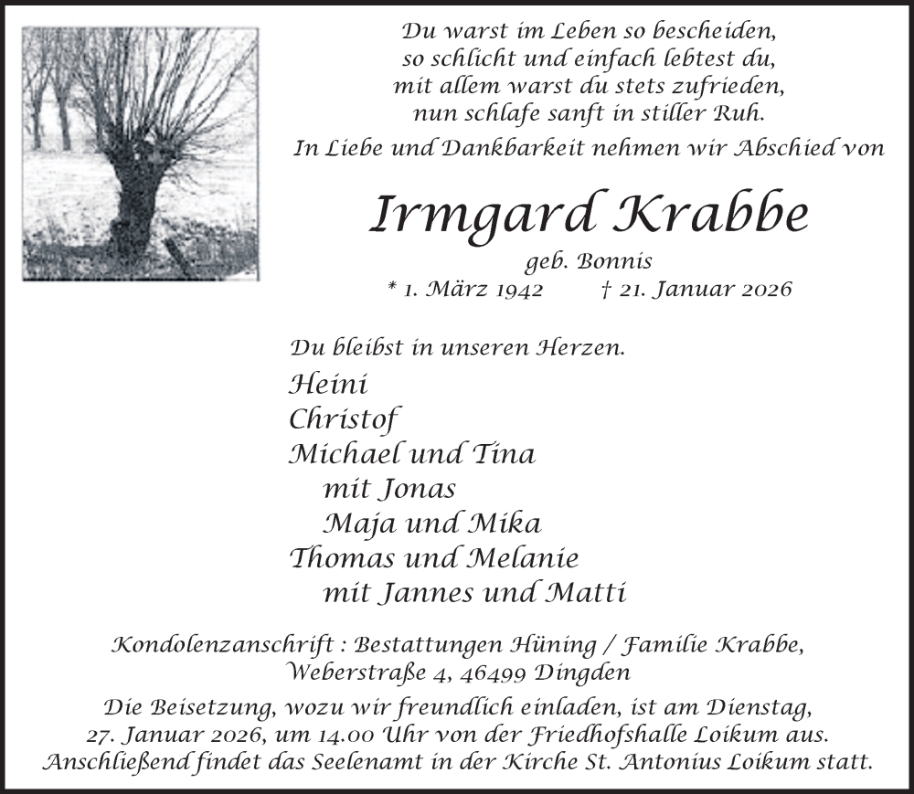  Traueranzeige für Irmgard Krabbe vom 24.01.2026 aus 