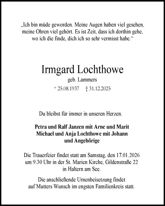 Traueranzeige von Irmgard Lochthowe von Ruhr Nachrichten und Halterner Zeitung