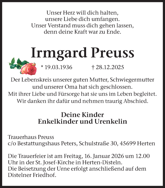 Traueranzeige von Irmgard Preuss von Trauer Vest