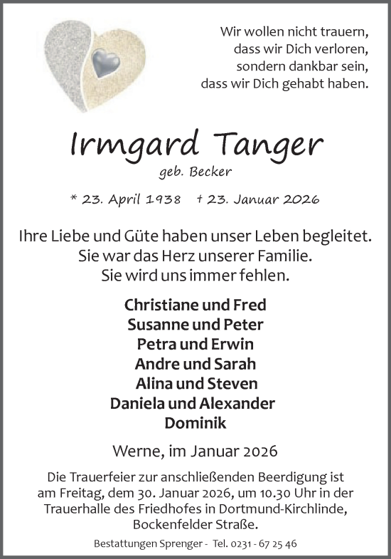 Traueranzeige von Irmgard Tanger von Ruhr Nachrichten