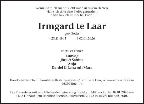 Traueranzeige von Irmgard te Laar 