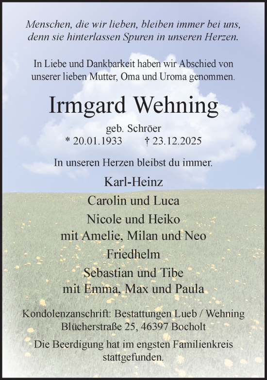 Traueranzeige von Irmgard Wehning 