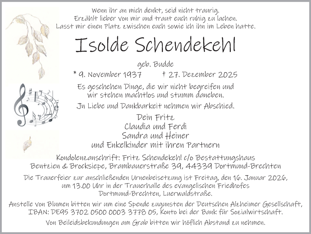  Traueranzeige für Isolde Schendekehl vom 10.01.2026 aus Ruhr Nachrichten