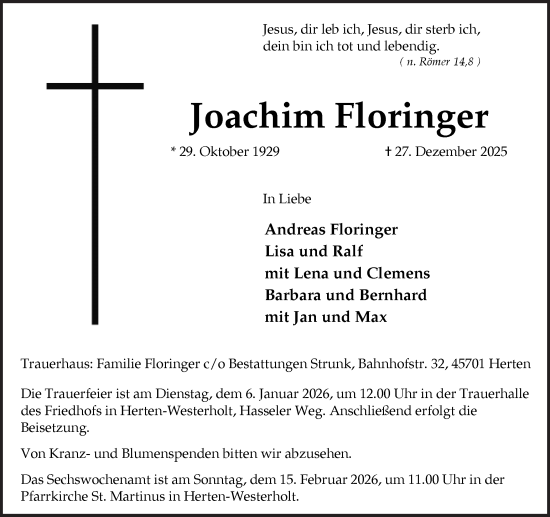 Traueranzeige von Joachim Floringer von Trauer Vest