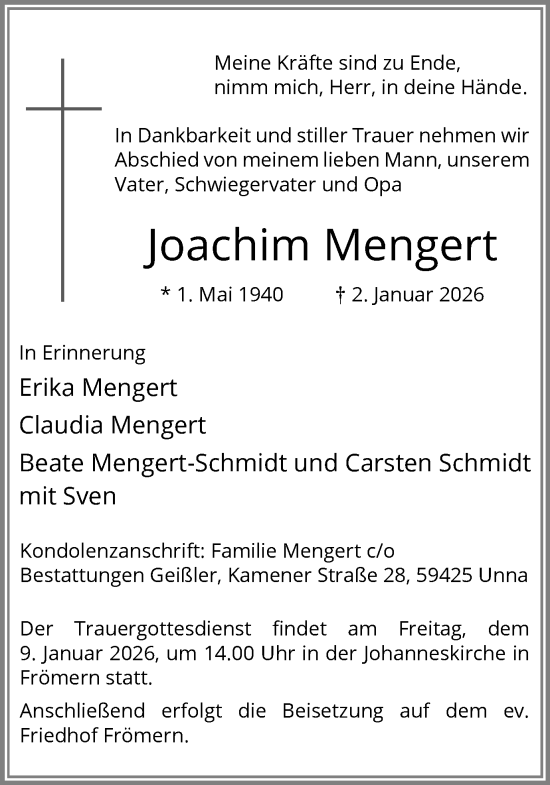 Traueranzeige von Joachim Mengert von Hellweger Anzeiger