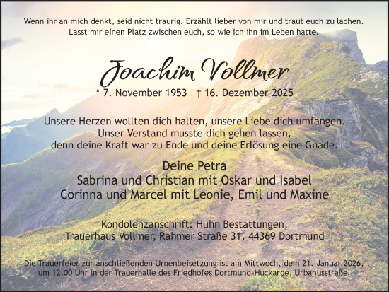 Traueranzeige von Joachim Vollmer von Ruhr Nachrichten