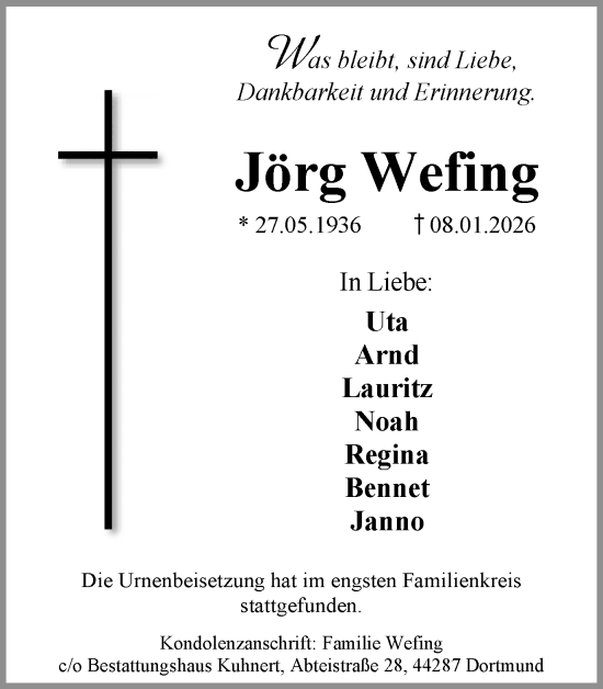Traueranzeige von Jörg Wefing von Ruhr Nachrichten