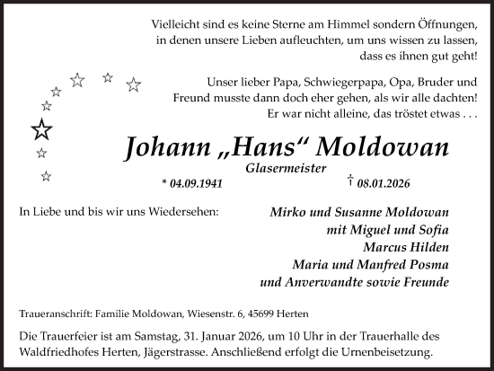 Traueranzeige von Johann Moldowan von Trauer Vest