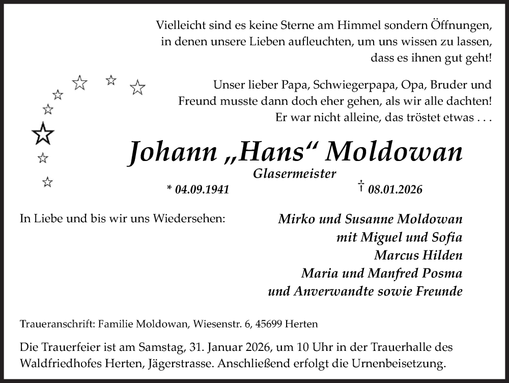  Traueranzeige für Johann Moldowan vom 17.01.2026 aus Trauer Vest