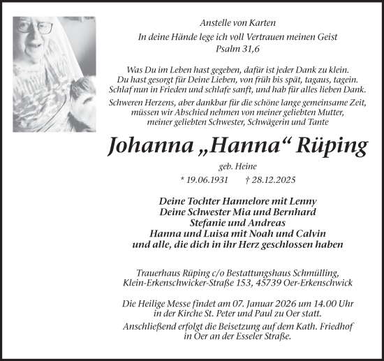 Traueranzeige von Johanna Rüping von Trauer Vest