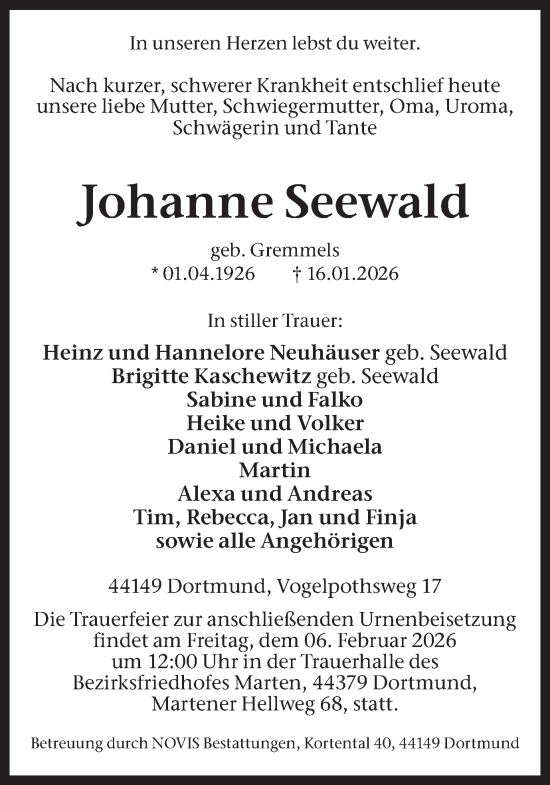 Traueranzeige von Johanne Seewald von Ruhr Nachrichten