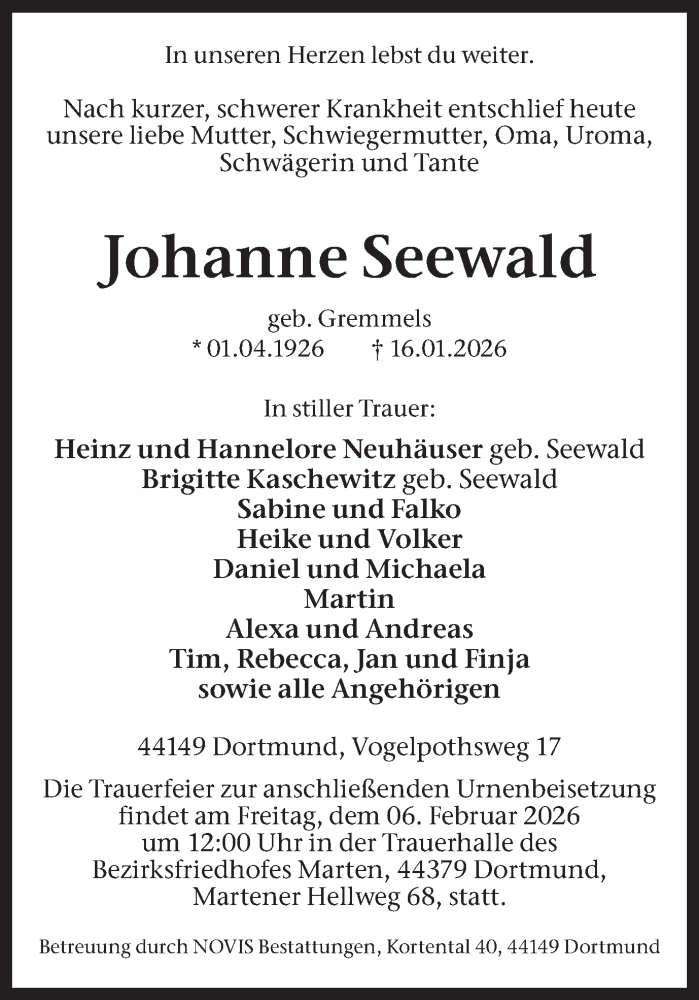 Traueranzeige für Johanne Seewald vom 31.01.2026 aus Ruhr Nachrichten
