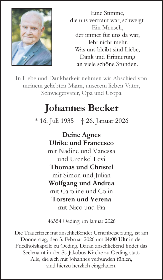 Traueranzeige von Johannes Becker von Münsterland Zeitung