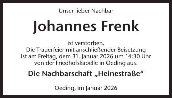 Traueranzeige von Johannes Frenk von Münsterland Zeitung