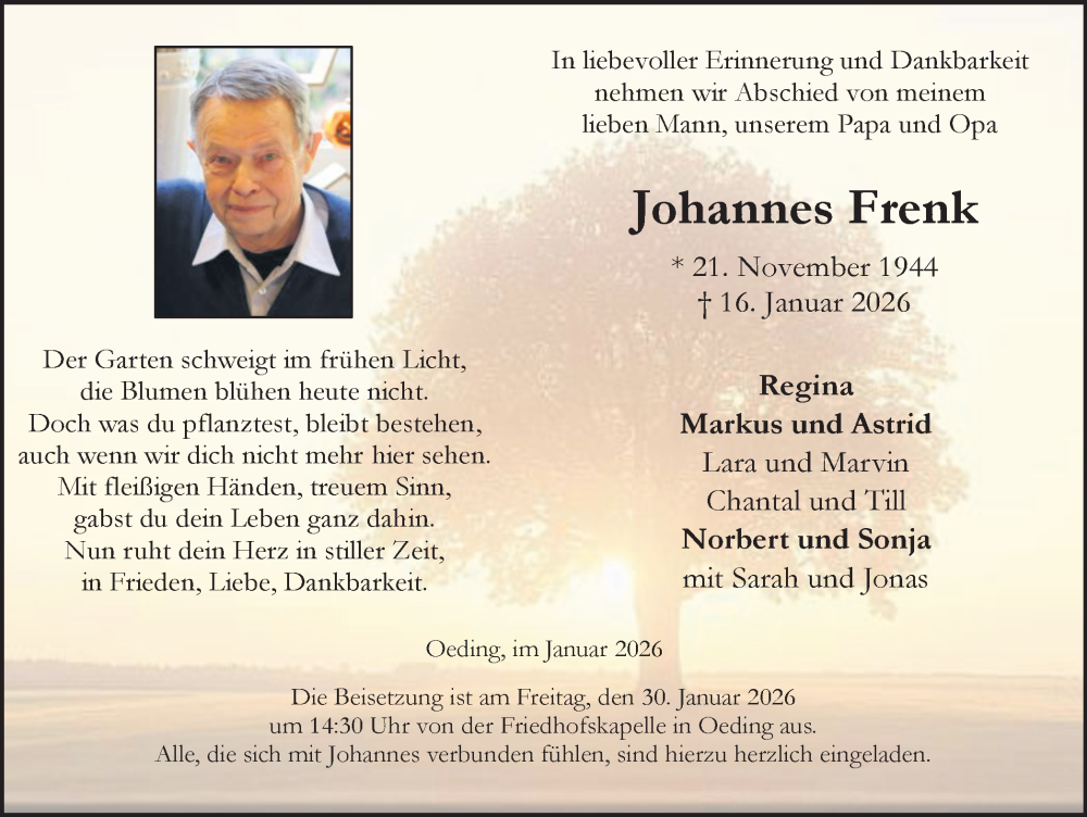  Traueranzeige für Johannes Frenk vom 24.01.2026 aus Münsterland Zeitung