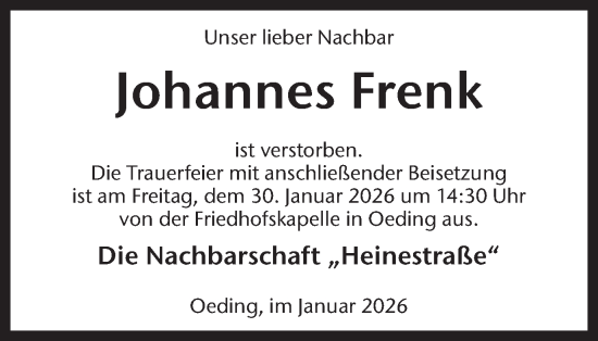 Traueranzeige von Johannes Frenk von Münsterland Zeitung