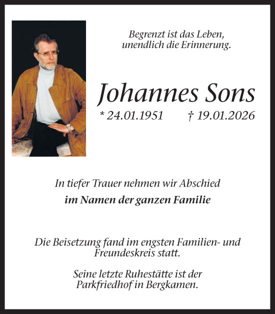 Traueranzeige von Johannes Sons von Ruhr Nachrichten